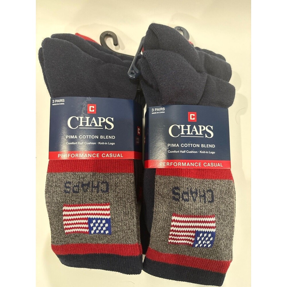 Chaps Performance Casual Crew Socks 6 Pair Pima Cotton Blend Flag Mens 6-12.5 Na
